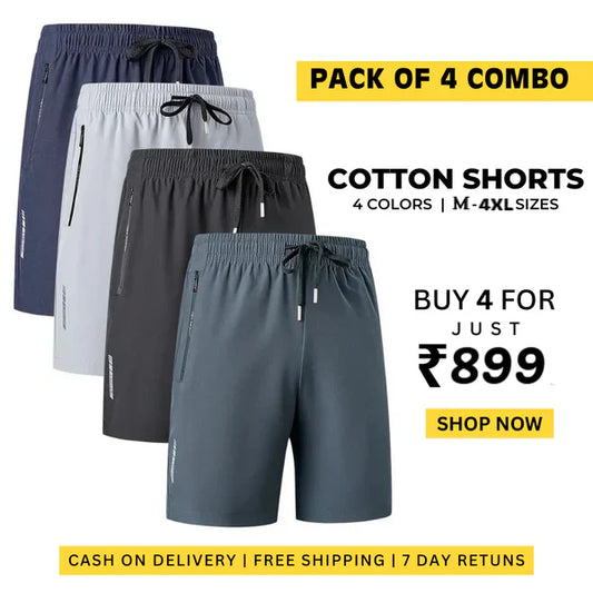 Combo of 4 Men's Stretchable Cotton Shorts for summers ☀️(₹225/piece)